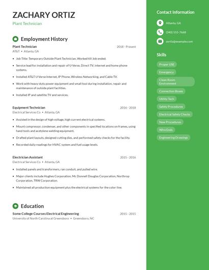 Plant Technician Resume