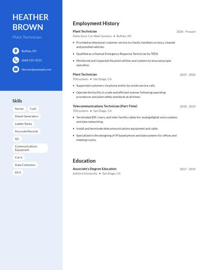 Plant Technician Resume