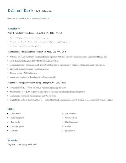 Plant Technician Resume