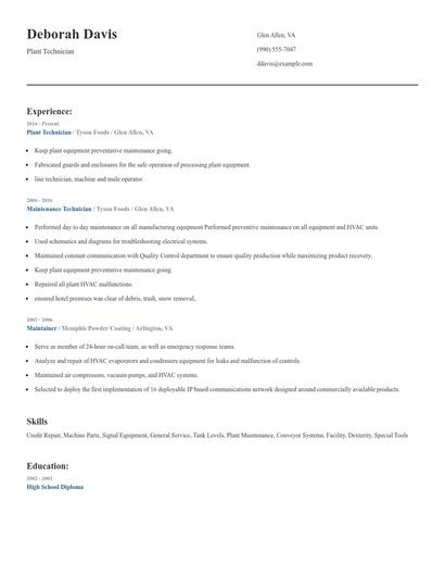 Plant Technician Resume