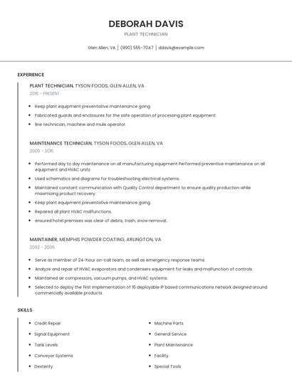 Plant Technician Resume