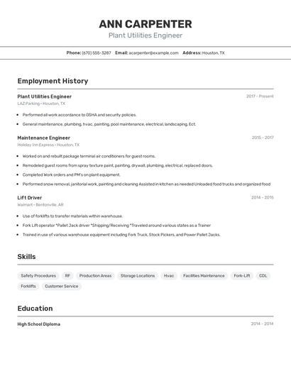 Plant Utilities Engineer Resume