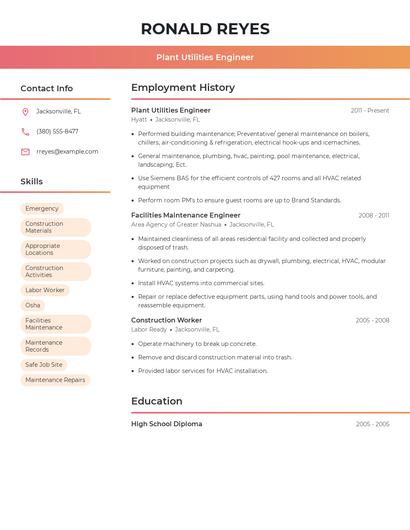 Plant Utilities Engineer Resume