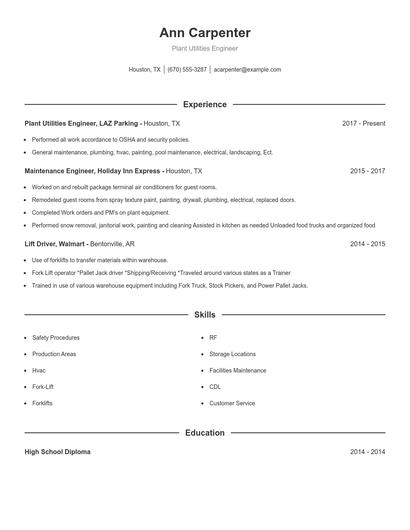 Plant Utilities Engineer Resume