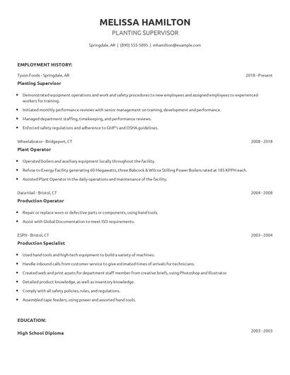 Planting Supervisor Resume