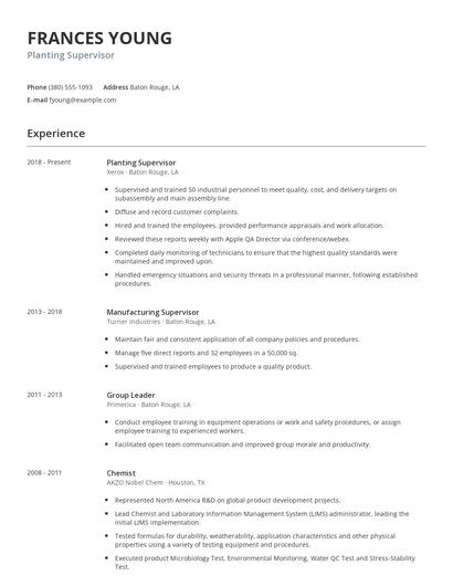 Planting Supervisor Resume