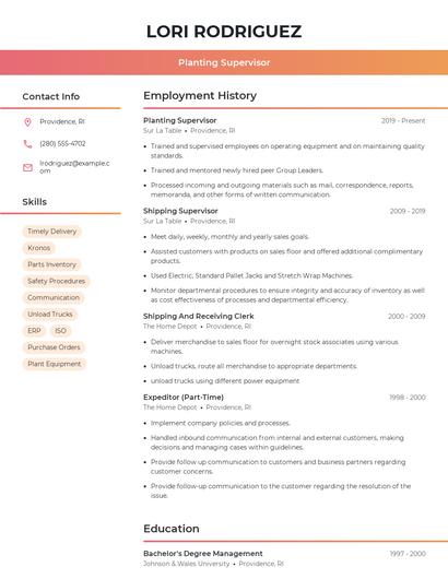 Planting Supervisor Resume