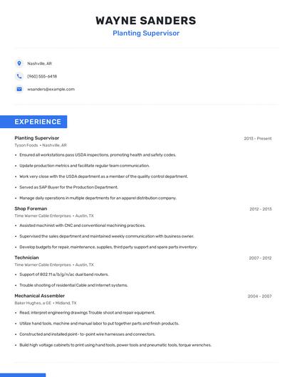 Planting Supervisor Resume