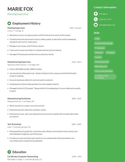 Planting Supervisor Resume