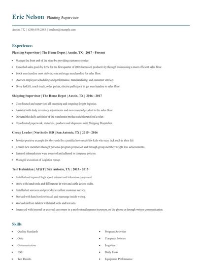 Planting Supervisor Resume