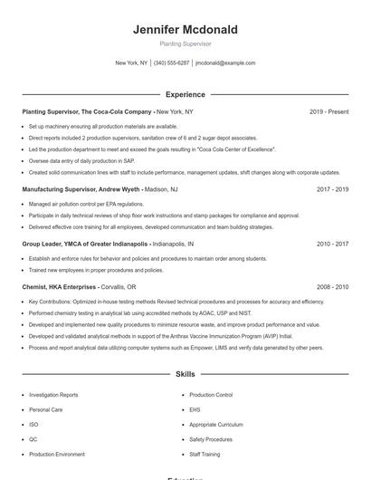 Planting Supervisor Resume