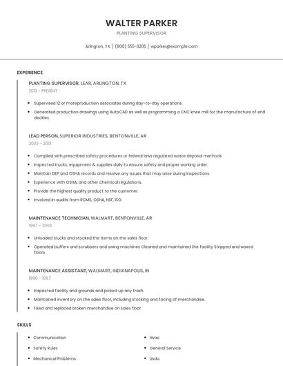 Planting Supervisor Resume