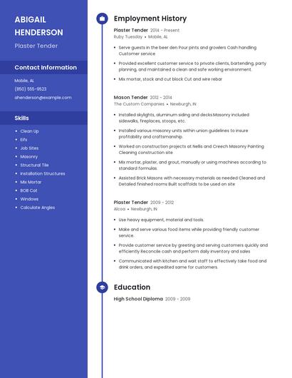 Plaster Tender Resume