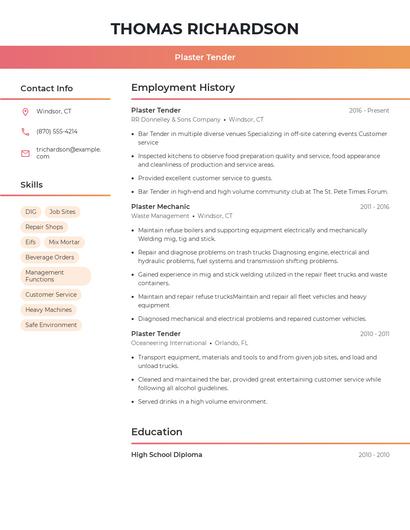 Plaster Tender Resume