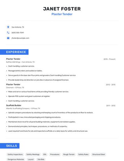 Plaster Tender Resume