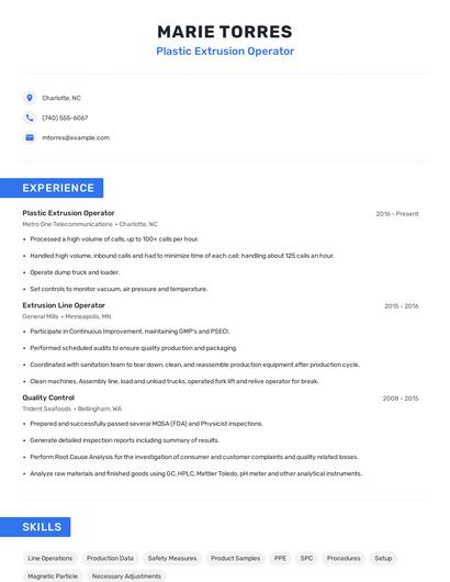 Plastic Extrusion Operator Resume