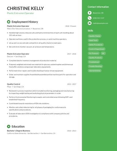 Plastic Extrusion Operator Resume