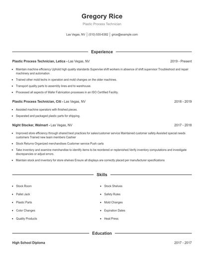 Plastic Process Technician Resume