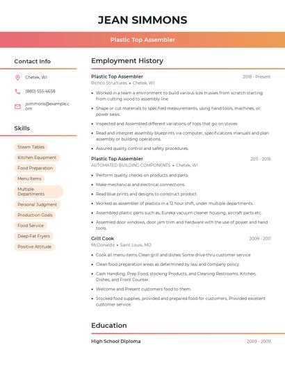 Plastic Top Assembler Resume