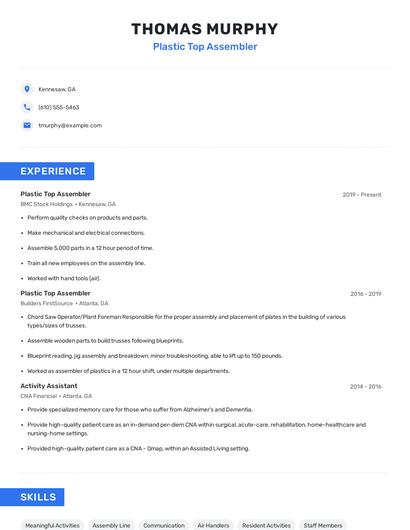 Plastic Top Assembler Resume