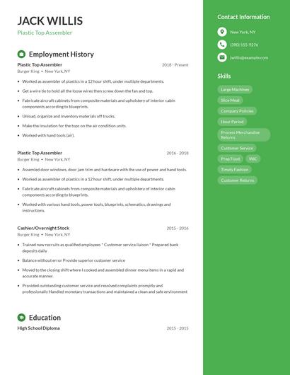 Plastic Top Assembler Resume