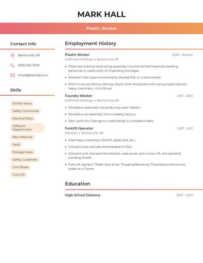 Plastic Worker Resume