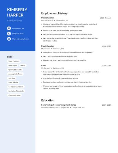 Plastic Worker Resume