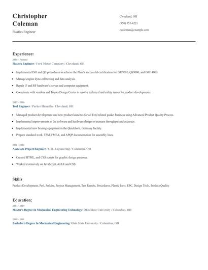 Plastics Engineer Resume