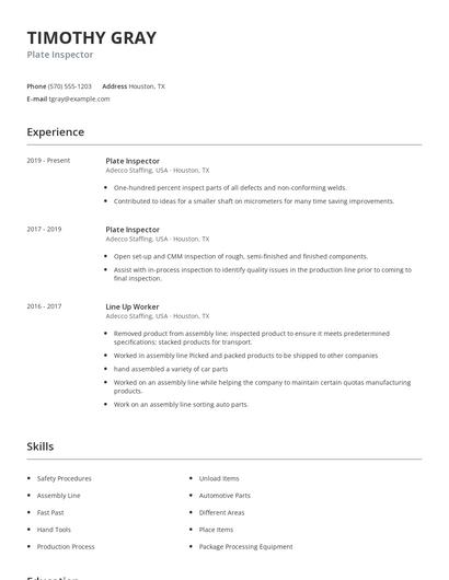 Plate Inspector Resume