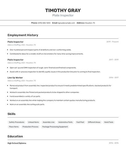 Plate Inspector Resume