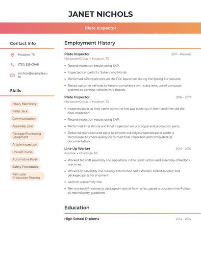 Plate Inspector Resume