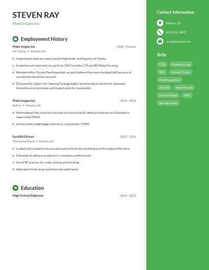 Plate Inspector Resume