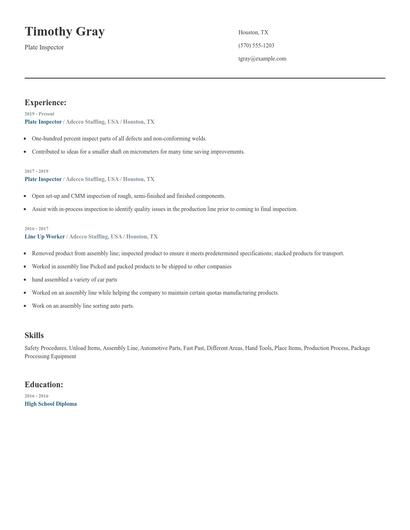 Plate Inspector Resume