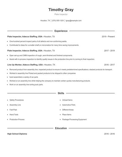 Plate Inspector Resume