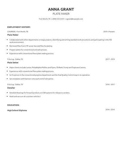 Plate Maker Resume