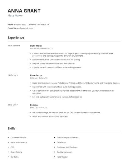 Plate Maker Resume