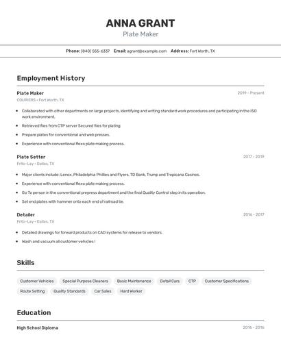 Plate Maker Resume