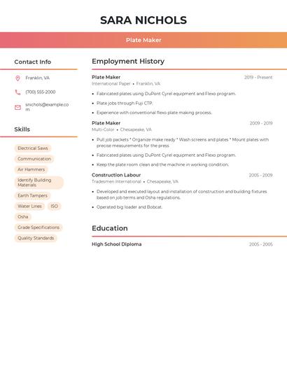 Plate Maker Resume