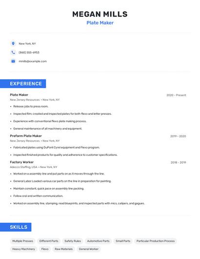 Plate Maker Resume