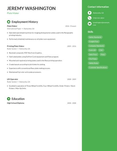 Plate Maker Resume