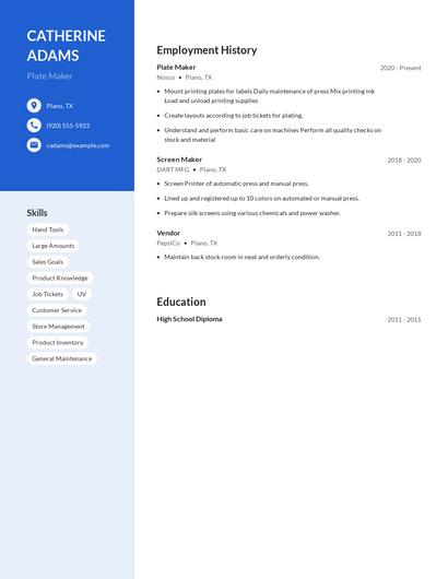 Plate Maker Resume