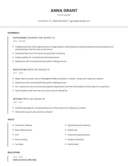 Plate Maker Resume