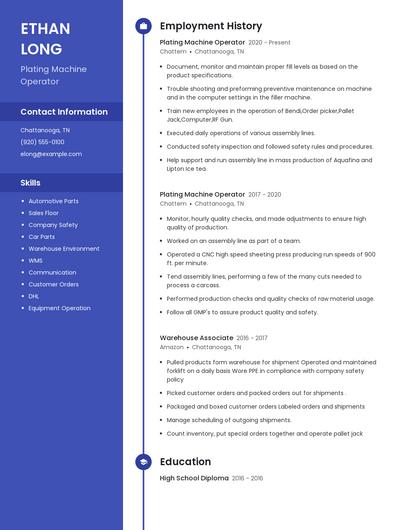 Plating Machine Operator Resume