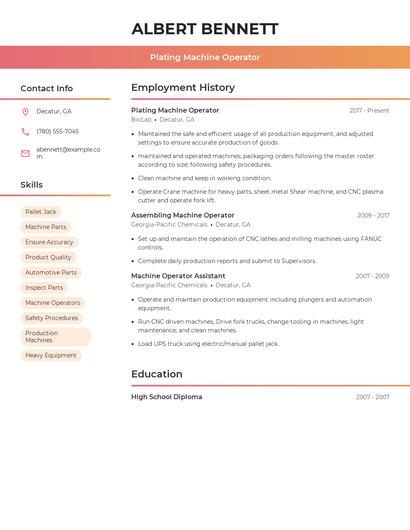 Plating Machine Operator Resume