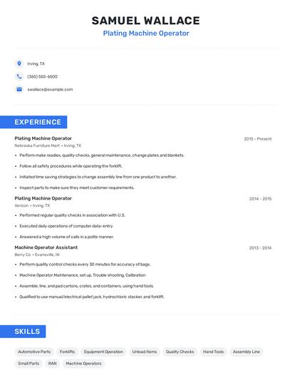 Plating Machine Operator Resume