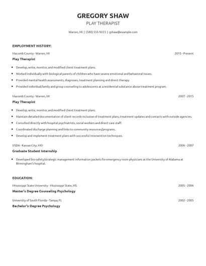 Play Therapist Resume