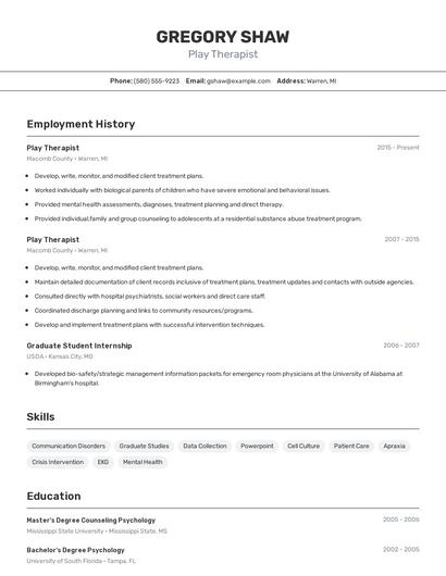 Play Therapist Resume