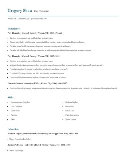 Play Therapist Resume