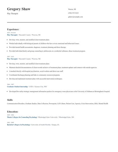 Play Therapist Resume