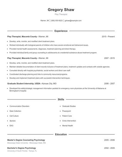 Play Therapist Resume
